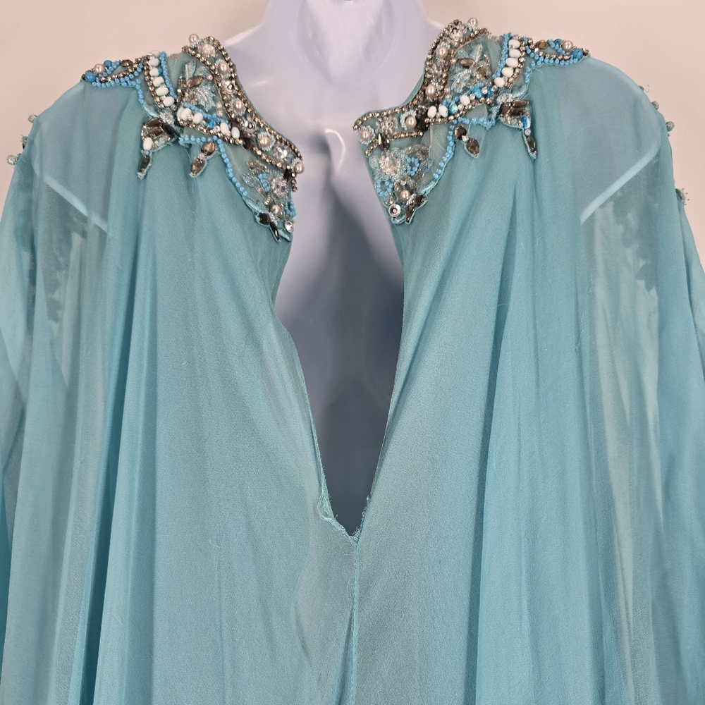 Marchesa Couture Aqua Blue Embellished Neckline Chiffon Caftan Gown No Size - Picture 13 of 16